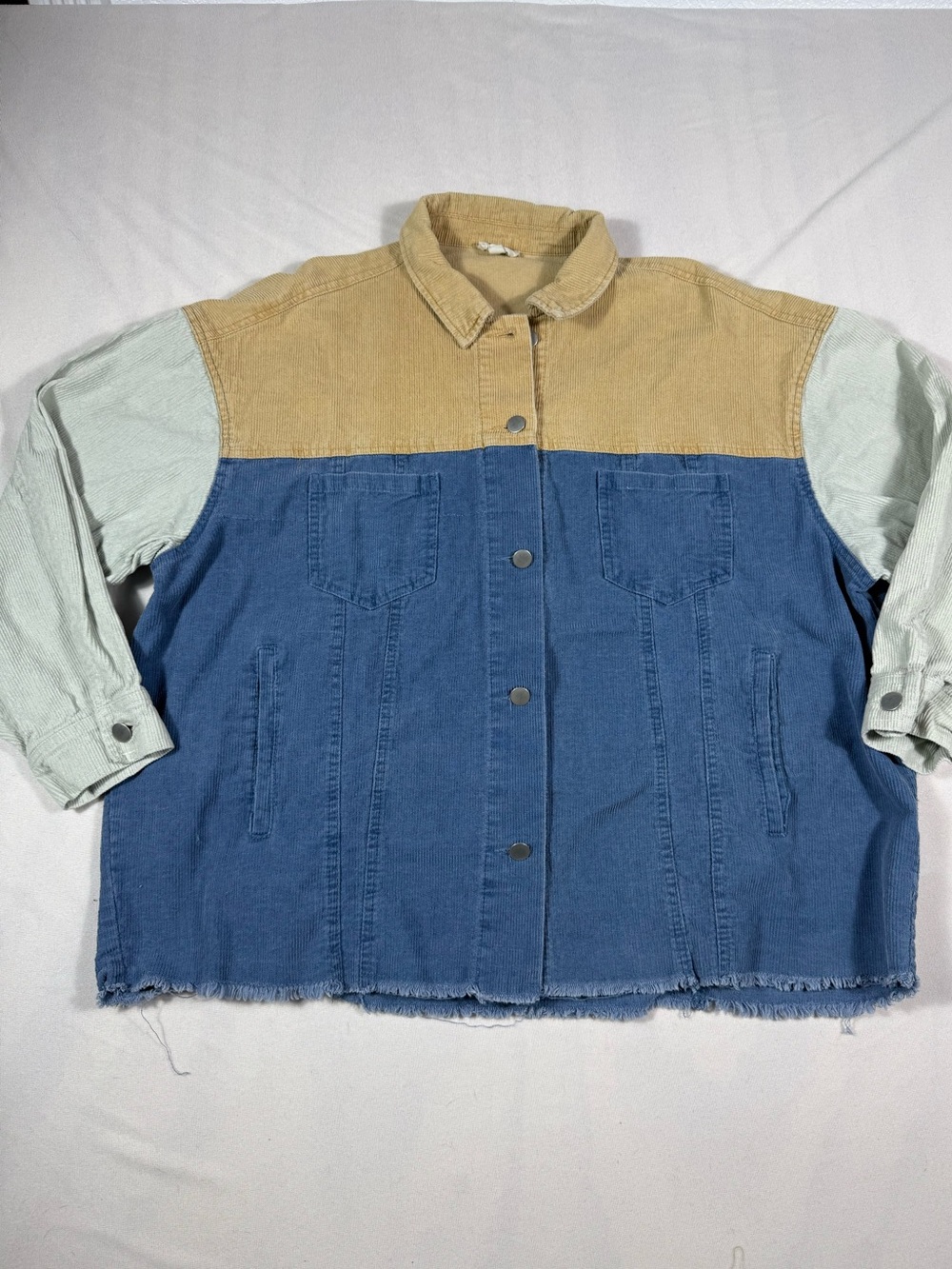 BiBi Tricolor Denim & Corduroy Jacket - Blue, Tan & Pale Green